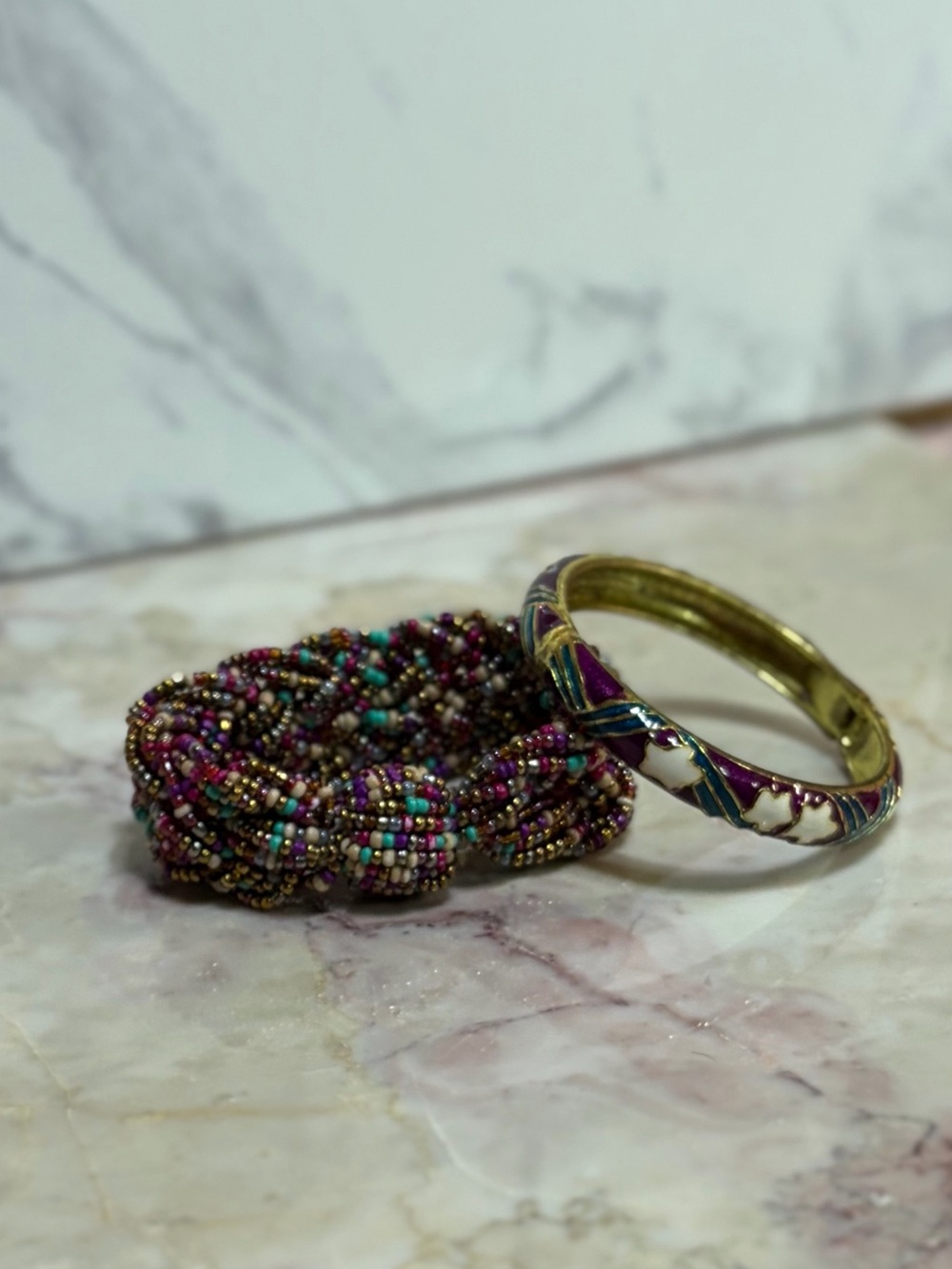 Multicolor Seed-Bead Stretch Bracelet and Purple Enamel Bangle Set